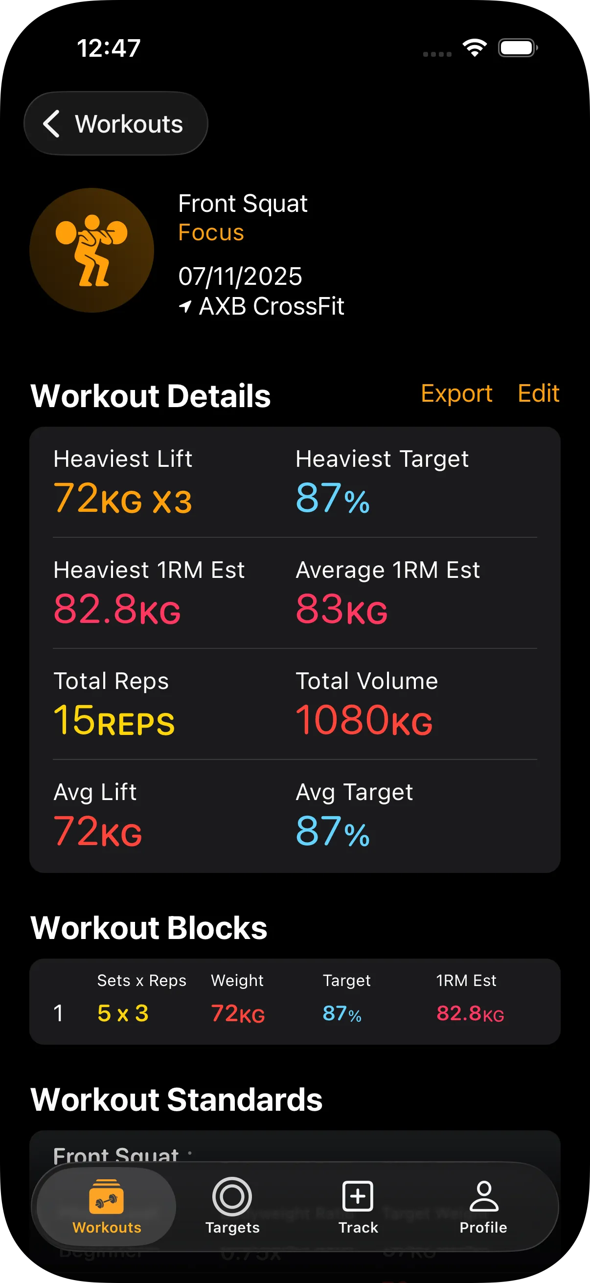 Workout details with exercises and sets